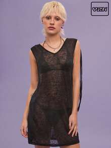 COUREZ Sleeveless V Neck Black Drapey Hoodie Dress/Casual/Summer Outfits For Women Y2K Vintage - Black - View 1