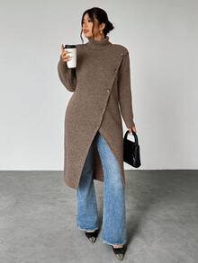 Firerie كنزة صوفية متوسطة الطول مصممة بطراز متقاطع مضفر مناسبة للمرأة ذات الحجم الكبير، عصرية، أنيقة، كاجوال، متعددة الاستخدامات، مناسبة للخريف/الشتاء - بني - مشاهدة 3