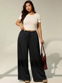 Auralis 大码女士休闲复古缎面长裤，棕色美拉德面料，适合日常穿着、办公、通勤、派对和约会等多种场合。 - 黑色 - 查看 6