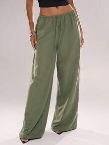 Avantive Green Straight-Leg Trousers Women's Solid Color Drawstring Waist Casual Versatile Commuting Wide Leg Pants Beach Vacation On Valentine's Day - Street Scene Breathable Soft Transitional Casual - Green - View 3