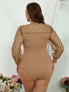 SHEIN Privé Áo liền thân cỡ lớn họa tiết chấm bi nhung 0.6cm phối màu tương phản - Màu Khaki - Xem 2