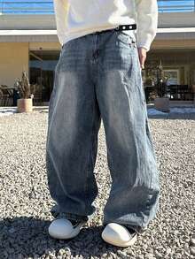 DAZY Spring Washed Blue Men's Pocket Wide Leg Loose Casual Jeans - Blue - View 6