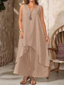 EMERY ROSE Đầm trắng không tay cổ chữ V 2 trong 1 dành cho nữ cỡ lớn, thích hợp cho kỳ nghỉ hè. - Màu Khaki - Xem 6