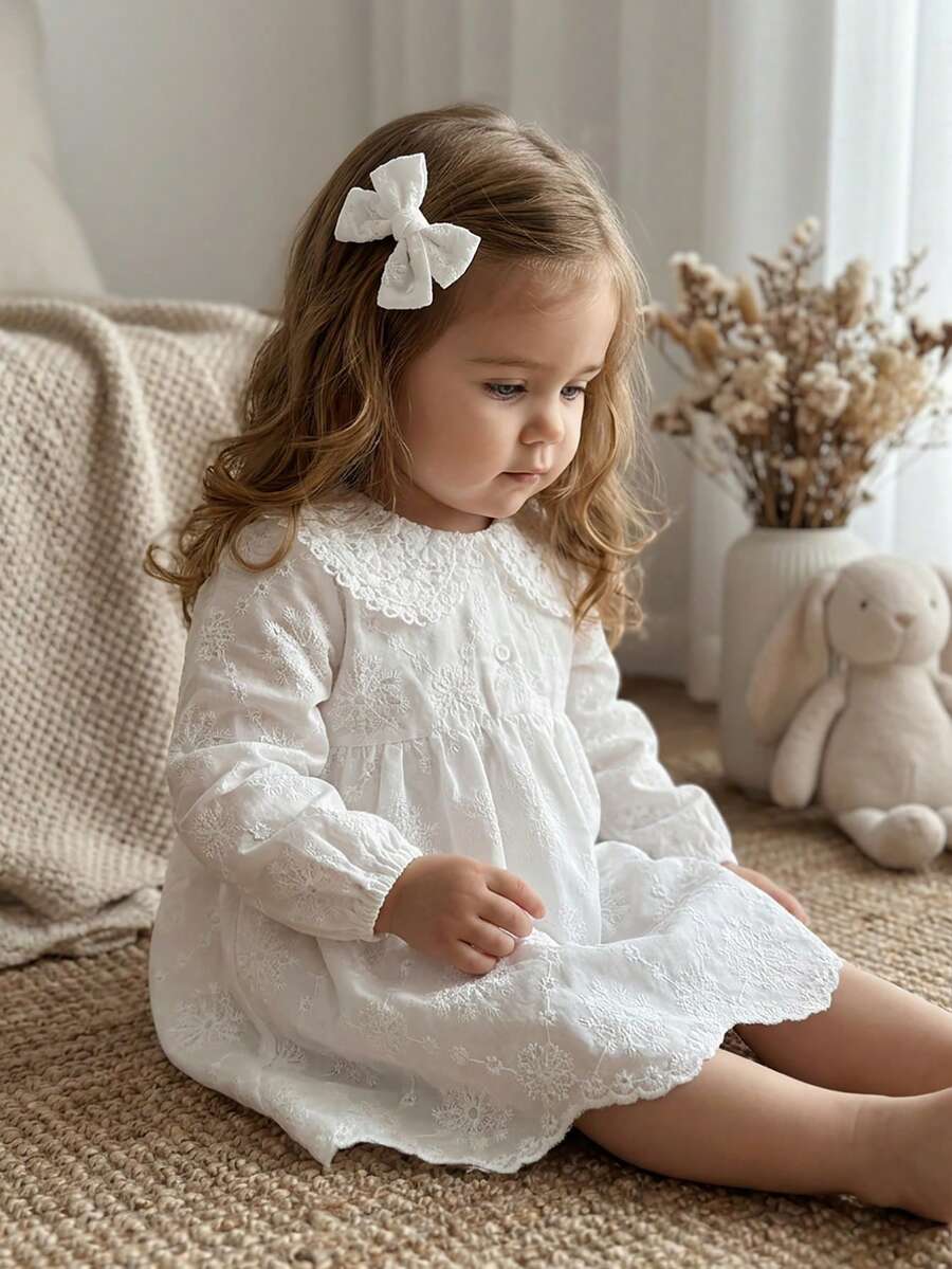 SHEIN Đầm dệt kim dài tay thêu jacquard cho bé gái mùa xuân/thu + áo lót hai dây, trang phục thường ngày mặc ở nhà, đi chơi hoặc ngoài trời. - trắng - Xem 1