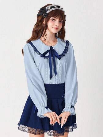 EDITION Damen Bluse mit Peter-Pan-Kragen, Spitzenrüschen und Schleifenkragen, Langarm