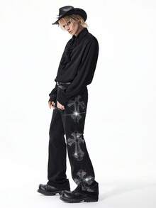 ROMWE MEN Men's Casual Washed Cross Rhinestone Embellished Jeans - Black - View 6