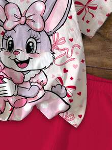SHEIN Set de 2 piezas con camiseta de manga corta y pantalones cortos con estampado de conejo de dibujos animados, estilo dulce y casual con decoración de lazo al estilo ballet, adecuado para el verano - Multicolor - Ver 6