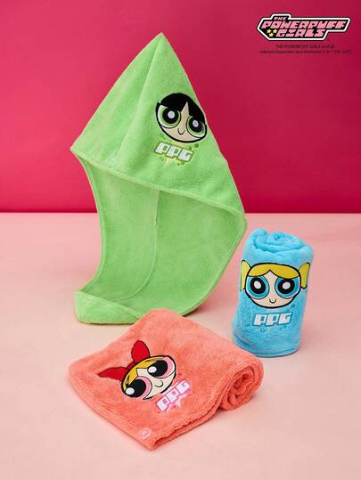 THE POWERPUFF GIRLS X Joivida 1个可爱卡通刺绣图案小女警帽，水洗材质，珊瑚绒干发帽