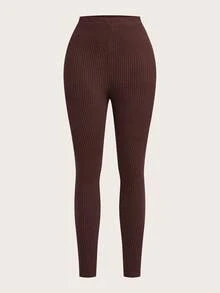 SHEIN PETITE Women's Solid Color Ribbed High Waist Skinny Pants - Brown - View 5