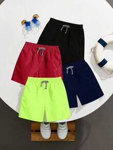 SHEIN 4件套 男童梭织宽松休闲沙滩短裤 - 紅色 - 查看 2