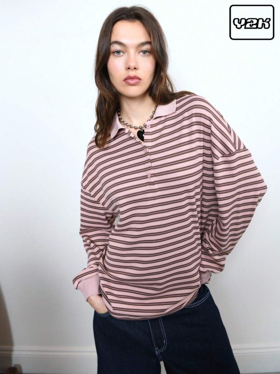 COUREZ Striped Long Sleeve Polo Shirt Y2K Vintage - Pink - View 1