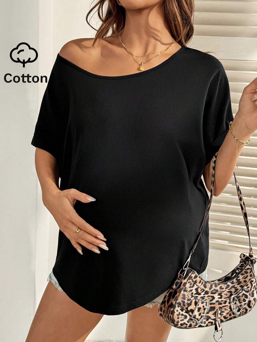 SHEIN Maternity Clothes Maternity Tops Summer Pregnant Clothes Black Asymmetrical Shoulder Maternity T-Shirt With Tie-Up Casual Style - Black - View 1