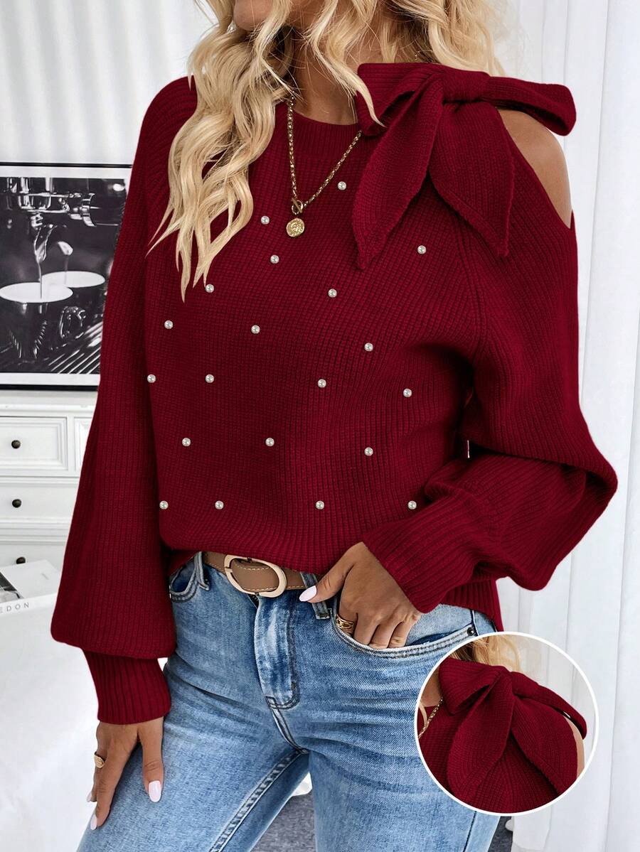 EMERY ROSE Women's Fashion Pearl Detail Bow Shoulder Sweater Burgundy Sweater Women's Sweater Cold Shoulder Sweater Pearl Sweater - Burgundy - View 1
