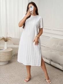 SHEIN LUNE 大码女式圆领短袖烧花刺绣休闲直筒连衣裙 - 白色 - 查看 8