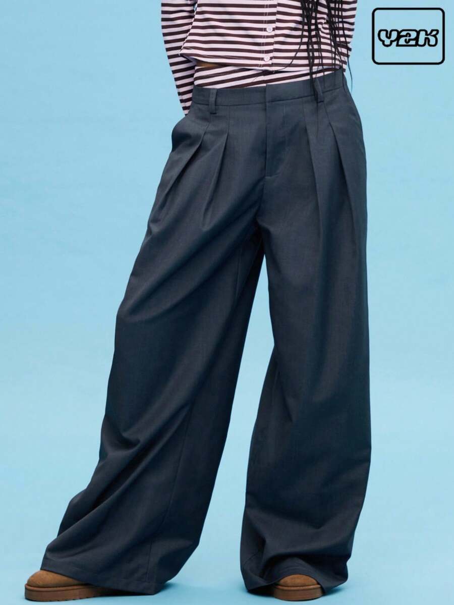 COUREZ Low Waist Wide Leg Trousers Y2K Vintage - Grey - View 1