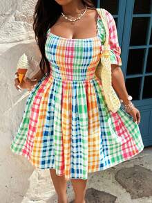 Sunnyshic 大码女士休闲优雅公主风A字短袖渐变格纹中长度假连衣裙 - 彩色 - 查看 5