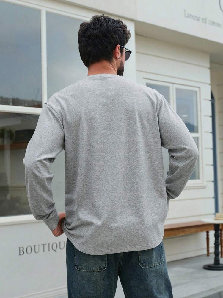 Men's Loose Fit Grey T-Shirt With Letter Embroidery, Autumn