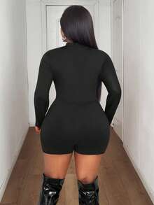 Maweii 加大码黑色性感高领长袖透视拼接修身连体衣 - 黑色 - 查看 2