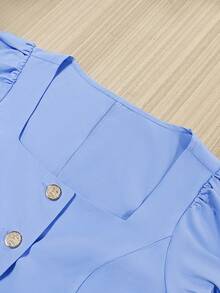 Franclia Women's Puff Sleeve Blouse, Slimming Waist Design, Casual Short Sleeve Shirt Top - Blue - View 3