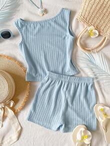 2pcs/Set Big Girls' Blue Jacquard Knit Asymmetric Sleeveless Crop Top + Elastic Waist Shorts Set, Textured Design, Casual Vibe, Non-Fleece Material, Suitable For Home, Weekend Outings And Summer Wear - Blue - View 2