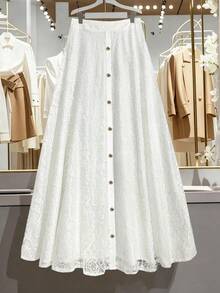 GlowEve CURVE Plus Size Elegant Commuter Simple Solid Color Lace A-Line Skirt - White - View 7