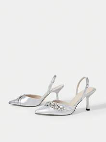 CUCCOO HITCHD 女士时尚优雅派对水钻装饰尖头高跟鞋 - 銀色 - 查看 9