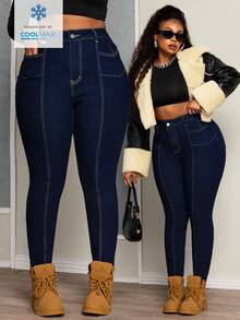Slaydiva Plus Size Elastic Denim Jeans With Symmetrical Split Design - Dark Wash - View 1