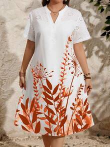 EMERY ROSE 大码女式镂空刺绣拼接印花夏季连衣裙 - 橘色 - 查看 5