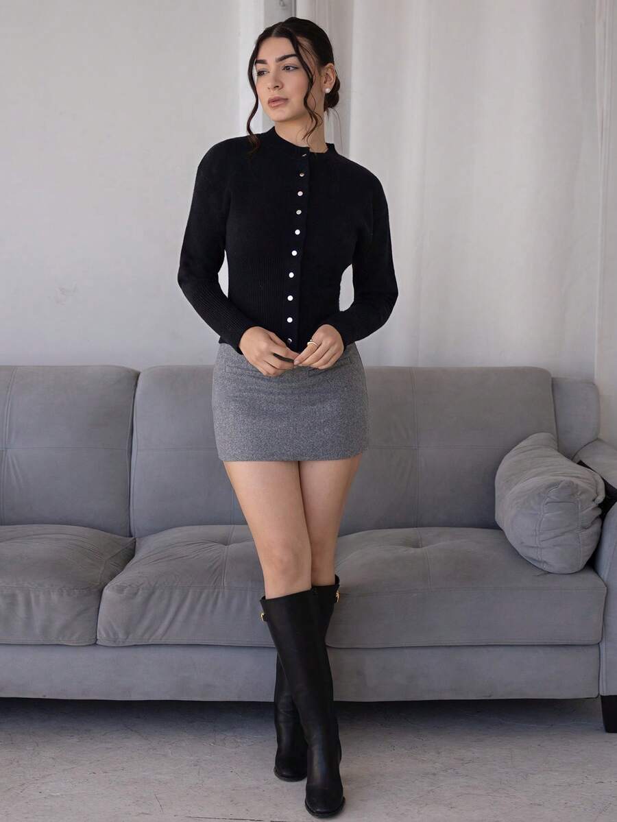 Andrea Bello Short Slim Front Button Solid Color Long Sleeve Simple Casual Knit Cardigan, Sweater,Short Women's Sweater,Women's Sweaters,Knit Sweaters,Winter Women's Clothing,Fall Women's Clothing,FW24,Tops For School - Black - View 1
