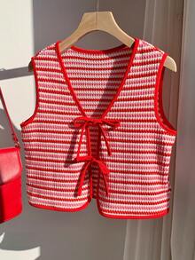 Comfortcana Red And White Striped,Summer,Cute,Date Women's Lightweight Vest Jacket With Bow Tie,Valentine's Day Waffle Stripe Knit Casual Elegant Y2k Top,Beach - Multicolor - View 3