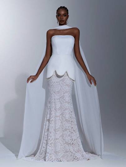 Elitara 奢华缎面蕾丝拼接连衣裙，饰以手工珍珠，无肩带美人鱼尾拖尾礼服，女士正式晚礼服