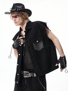 ROMWE MEN Street Life Spring/Summer Casual Graphic Men'S Fashion Commuter Rhinestone Denim Vest - Black - View 7