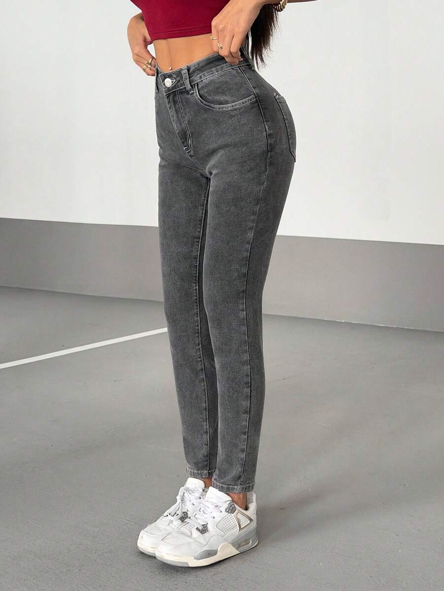 SHEIN PETITE 女式休闲街头风格牛仔裤 - 灰色 - 查看 1