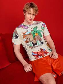 Notgurli 1pc Men's Short Sleeve T-Shirt,Casual Slim Fit Tee With Cartoon Pattern Design,Beige,Summer,Casual,Tropical,Vacation Street Style,Great Gift - Multicolor - View 5