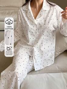 DAZY 女士波点长袖单排扣口袋上衣和裤子睡衣套装 - 白色 - 查看 1