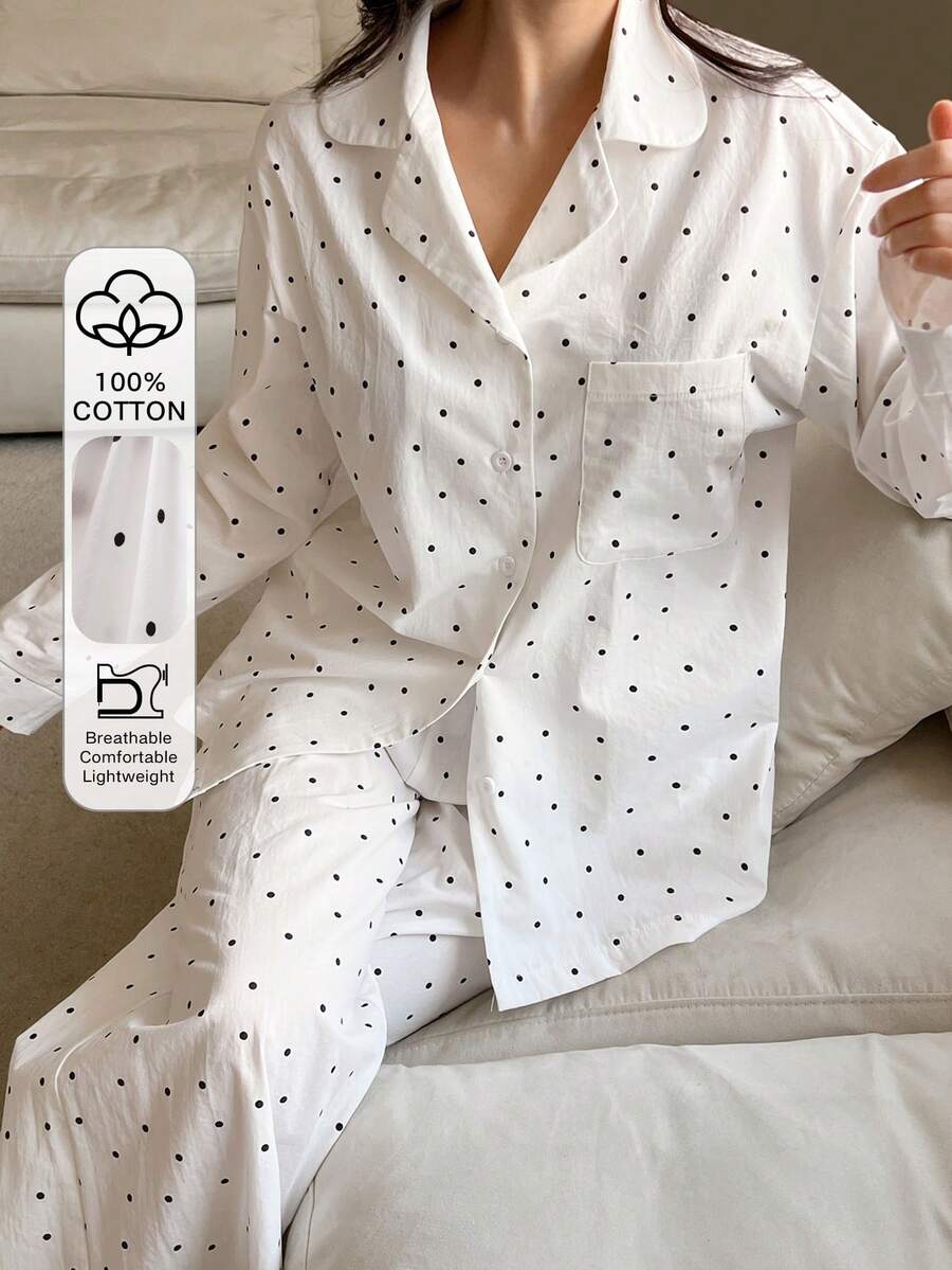 DAZY 女士波点长袖单排扣口袋上衣和裤子睡衣套装 - 白色 - 查看 1