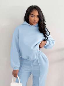 Alexandranx Summer Outfits Women's Simple Casual Solid Color Pullover Hooded Long Sleeve Hoodie Without Drawstring Oversize In Fall/Winter - Baby Blue - View 6