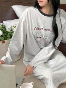 DAZY 英文猫咪印花宽松长袖睡裙，女士睡衣连衣裙 - 淺灰色 - 查看 3