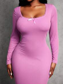 SHEIN SXY Plus Size Women's Solid Scoop Neck Bodycon Dress Sexy Curve Dress Curve Dresses Pink Curvy Dress Pink Long Sleeve Dress - Hot Pink - View 1