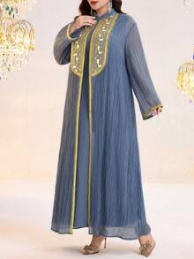 Al Najma Plus Size Women Ribbon Trim Long Sleeve Arabic Abaya Dress & Gown Elegant Set - Dusty Blue - View 4