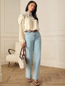 Lilora 女士优雅纯色镂空领花卉长袖衬衫，浪漫优雅，适合通勤穿着，饰有精致蕾丝边。 - 杏色 - 查看 6