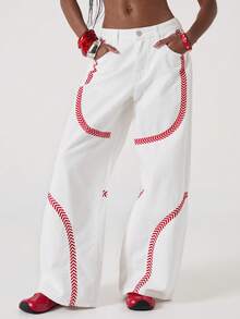 ROMWE Avant 女士宽松低腰白色牛仔裤，饰有红色刺绣图案 - 白色 - 查看 6