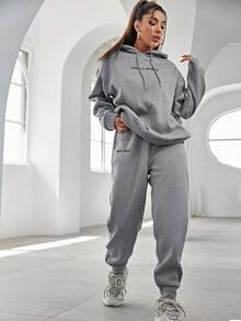 EURMUSE Cotton Slogan Graphic Drop Shoulder Drawstring Hoodie & Sweatpants - Light Grey - View 3