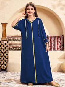 SHEIN 少女纯色宽松连帽休闲连衣裙 - 藍色 - 查看 2