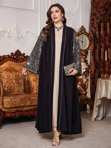 Al Najma Robe abaya arabe élégante avec patchwork de broderie de perles pour femmes grandes tailles - Noir - Voir 5