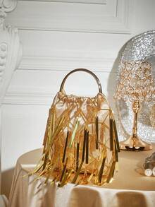 SHECARRY Fashion Party Gold Sequined Tassel Tote, Christmas, New Year