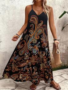 EMERY ROSE Plus Size Women's Paisley & Cashew Print Black V-Neck Summer Boho Vacation Holiday Loose Fit Maxi Dress,Elegant Vintage Style,Daily Commute,Spring - Multicolor - View 4