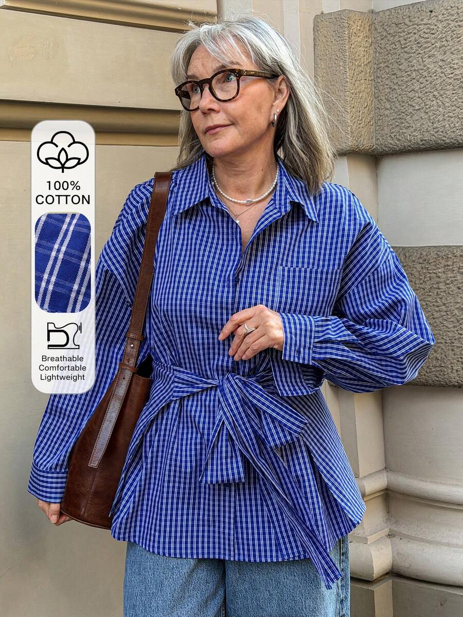 Vivie Lora Women's Blue Plaid Loose Casual Shirt - Blue - View 1