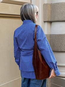 Vivie Lora Women's Blue Plaid Loose Casual Shirt - Blue - View 5