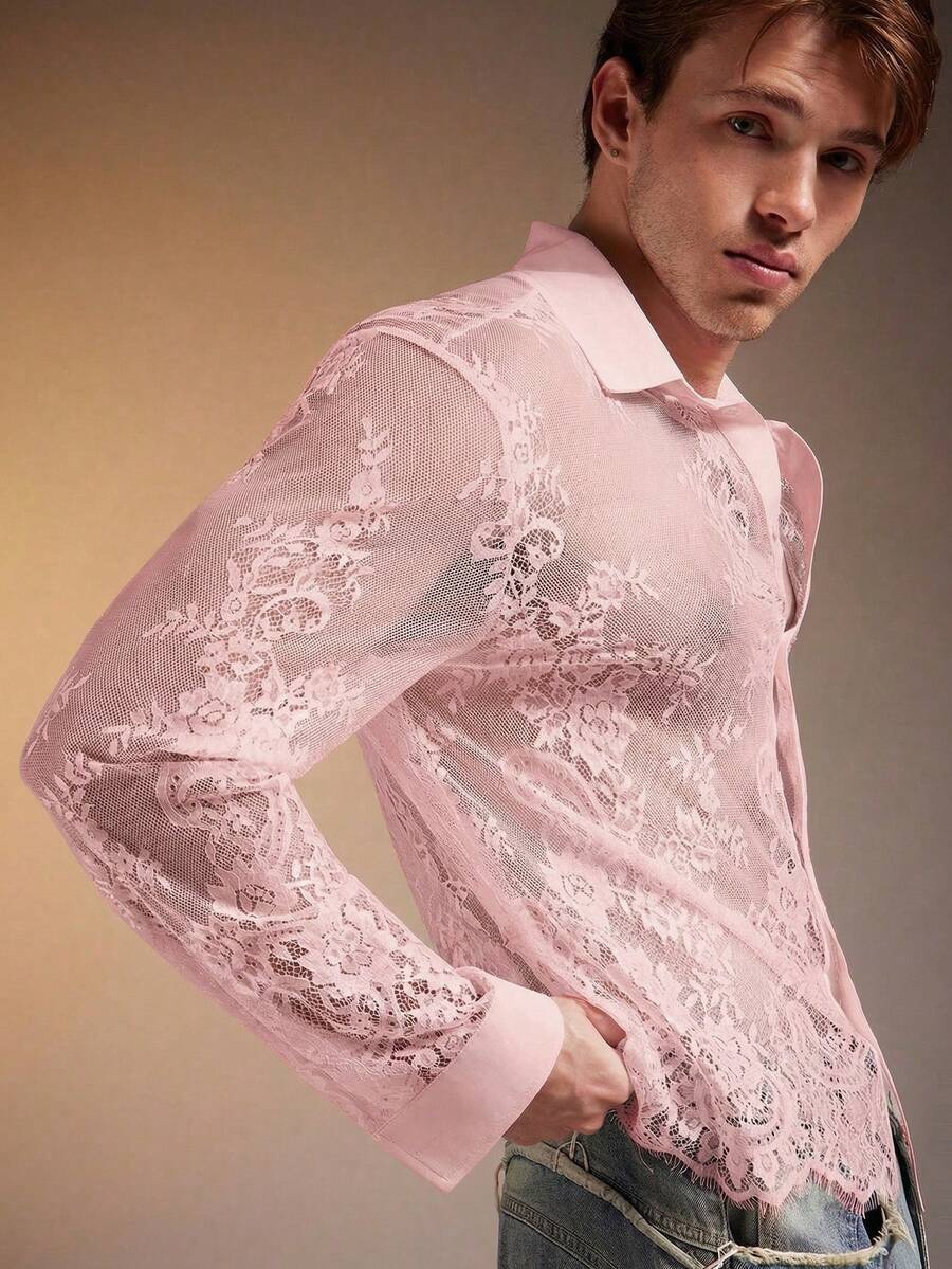 FeverCity Men's Fashionable Sexy Sheer Lace Mesh Shirt - Pink - View 1